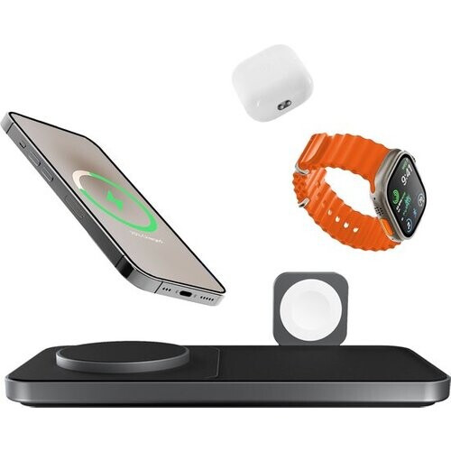 Tweedekans Favolt Site:3 Magsafe 3 in 1 Draadloze Oplader (MFi/QI) Magnetisch Laadstation voor iPhone Apple Watch AirPods Space Gray