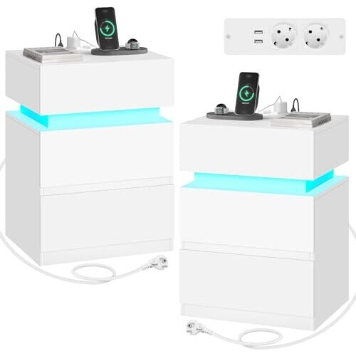 Tweedekans Woltu Nachtkastje met Stopcontact en LED-verlichting - Wit - 40 x 35 x 55 cm - 2 Lades en 1 Opbergvak - Modern en Multifunctioneel